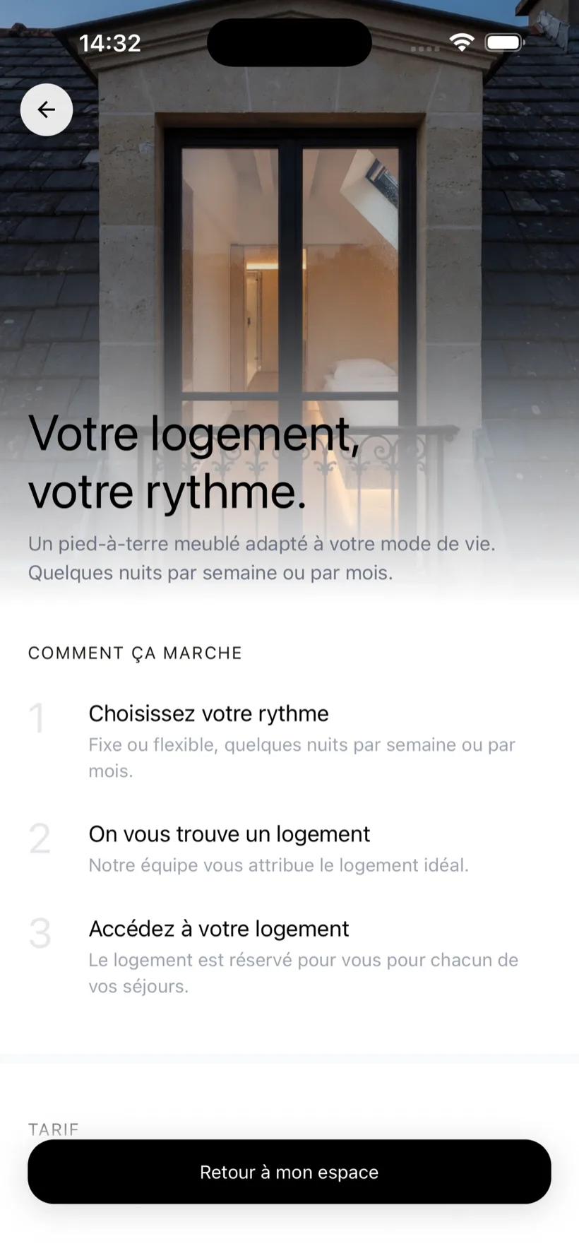 Écran « Votre logement, votre rythme » de l'app Welcome to the City