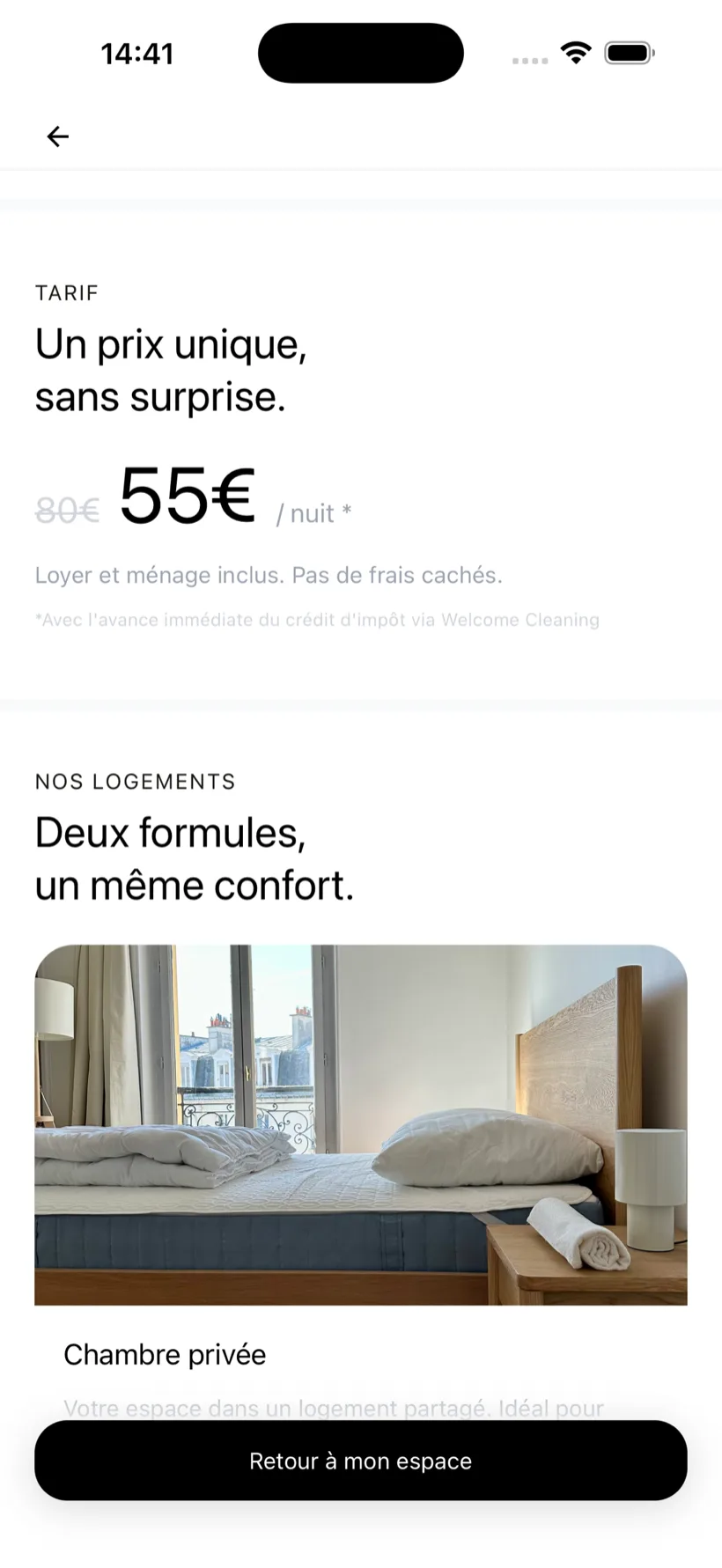 Écran tarifs de l'app Welcome to the City : un prix unique, tout compris