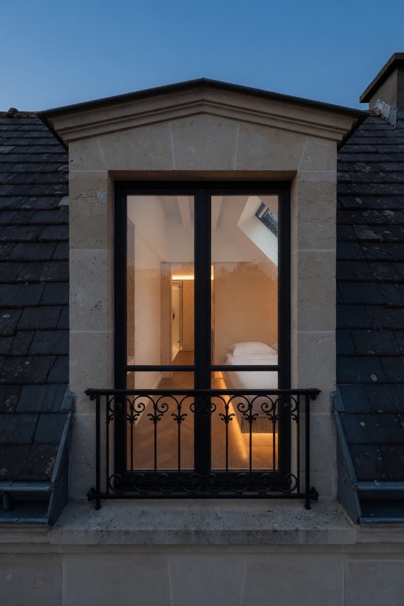 Chambre Welcome to the City à Paris, vue depuis la rue à la tombée de la nuit